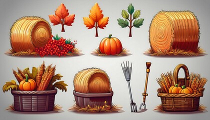 Wall Mural - Autumn Farm Pixelated Icons - 16-bit pixel art set of autumn harvesting icons - pumpkin, wheat, barn. Graphic art 8 bit illustration. Harvesting symbols