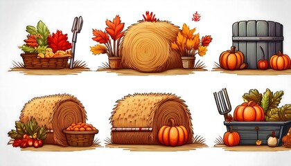 Wall Mural - Autumn Farm Pixelated Icons - 16-bit pixel art set of autumn harvesting icons - pumpkin, wheat, barn. Graphic art 8 bit illustration. Ai Generated