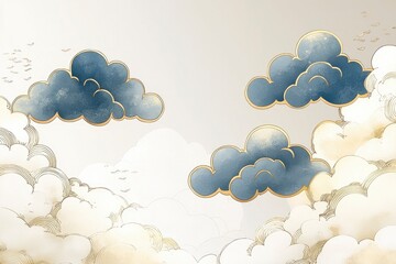 Wall Mural - Abstract Watercolor Clouds with Gold Accents