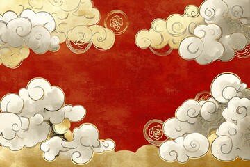 Poster - Red and Gold Chinese Cloud Pattern Background