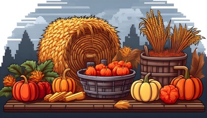 Wall Mural - Autumn Farm Pixelated Scene - 16-bit pixel art set of autumn harvesting icons - pumpkin, wheat, corns. Graphic art 8 bit illustration. Harvesting wallpaper. Ai Generated