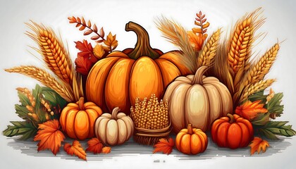 Wall Mural - Harvest Festival Clipart - 16-bit pixel art illustration of autumn harvesting symbols - pumpkins wheat, corn. Graphic art 8 bit illustration on white background