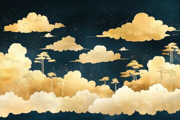 Wall Mural - Golden Clouds and Trees on a Dark Blue Background