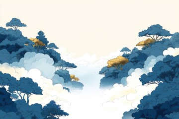 Wall Mural - Blue and Gold Mountain Landscape with Clouds