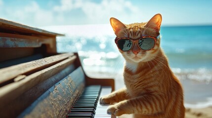 Canvas Print - A cat wearing sunglasses is sitting on a piano