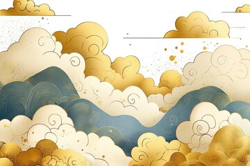 Poster - Abstract Gold and Blue Cloudscape with Mountains