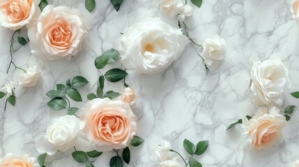 Wall Mural - A white and orange flower arrangement is displayed on a marble countertop