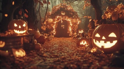 Poster - A path is lined with pumpkins and leaves, creating a spooky atmosphere