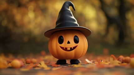 Sticker - A pumpkin with a black hat on it is smiling