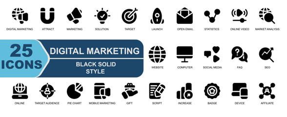 vector illustration graphic online marketing set.solid black style marketing collection icons.digital marketing,globe,attract,magnet,megaphone,marketing.

