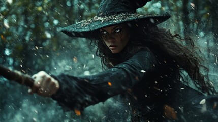 Poster - A woman in a black witch costume is holding a broomstick