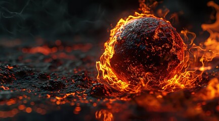 Wall Mural - Fiery meteorite crashing into a dark surface