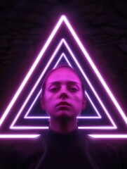 Poster - mysterious person in neon triangle lighting