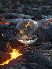 Poster - Fiery volcanic landscape captured in a glass sphere