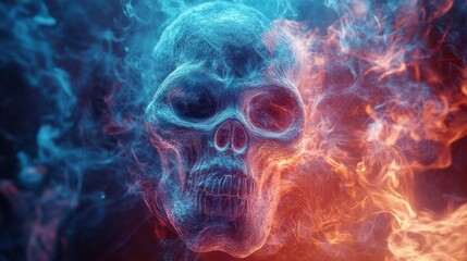 Sticker - A skull is shown in a blue and red flame, with smoke surrounding it