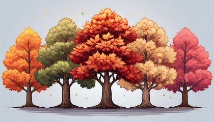 Wall Mural - Pixel Art Autumn Trees - 16-bit pixel art asset collection with a focus on autumn trees. Game Design assets collection. Graphics art 8 bit illustration