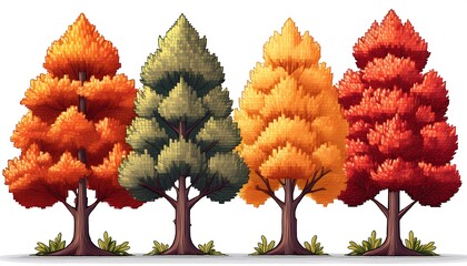 Wall Mural - Autumn Pixelated Forest Set - 16-bit pixel art collection of different autumn trees. Game Design assets collection. Isolated on white background. Graphics art 8 bit illustration icons