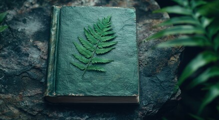 Wall Mural - Vintage book with fern leaf cover in forest