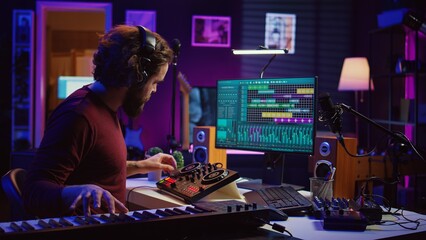 Aufkleber - Skilled artist playing piano keyboard and recording sounds on daw software, capturing audio track instruments and vocals. Producer creating songs with mixing console in post production. Camera B.