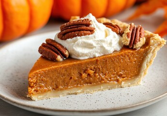 Wall Mural - Delicious pumpkin pie with whipped cream and pecans