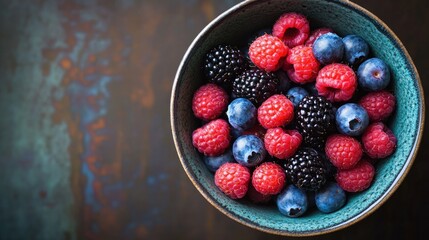 Wall Mural - A bowl of organic mixed berries, including blueberries, raspberries, and blackberries, showcasing vibrant colors