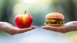© Yuparet - Balancing Choices - Splash-style Image of Healthy Apple and Tempting Hamburger in Hands, Food Duality Concept with Copy Space for Text