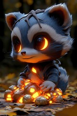 Sticker - Cute Raccoon with Glowing Objects in Autumn Forest