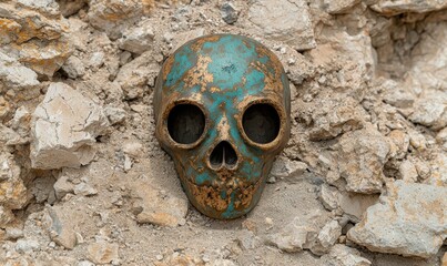 Poster - Weathered skull sculpture on rocky surface