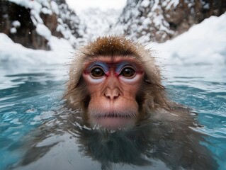 Poster - close-up of a snow monkey in a hot spring