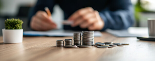 Wall Mural - Close-up of stacked coins on a desk with a blurred person in the background, symbolizing savings, finance, or budgeting.