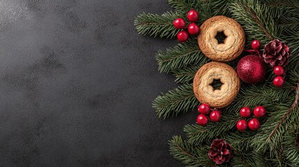 Wall Mural - Christmas cookies and decorations on a dark background