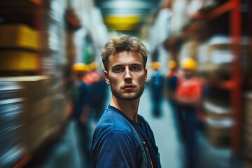 warehouse worker in a helmet in front of other warehouse workers in a warehouse, generative AI