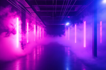 event lights in empty room at party with disco smoke illuminated in pink and blue, party, wallpaper, generative AI