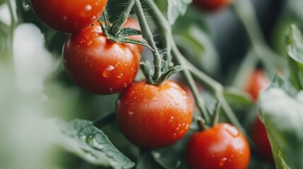 A close-up of freshly picked organic tomatoes still on the vine, symbolizing natural farming