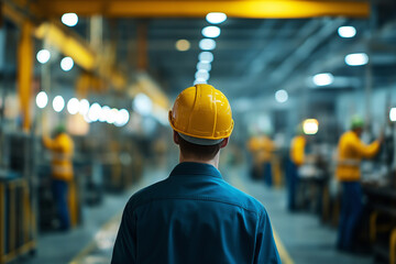 production line worker wearing a helmet in front of other production line workers in a factory, generative AI