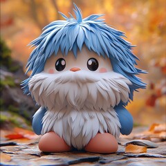 Cute Fluffy Blue and White Character in a Forest Setting