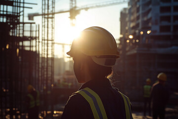 construction worker in a helmet against the background of other construction workers and construction structures, generative AI