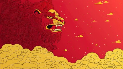 Canvas Print - Fierce Lion in a Red Sky with Golden Clouds