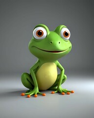 Cute cartoon green frog sitting on a grey background.