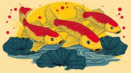 Sticker - Three Koi Fish in a Pond with Lily Pads