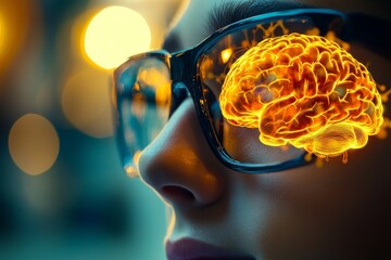 Poster - A close up of a woman wearing futuristic glasses with a glowing brain reflected symbolizing enhanced perception and cognitive capabilities in a technologically advanced world