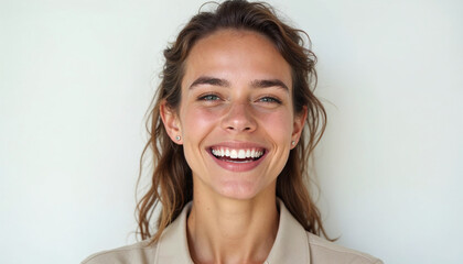 Wall Mural - Close-up portrait of a smiling woman with clean teeth, fresh hair, and a strong jawline, against a white background.







