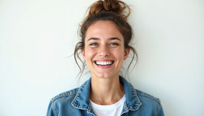 Wall Mural - Close-up portrait of a smiling woman with clean teeth, fresh hair, and a strong jawline, against a white background.







