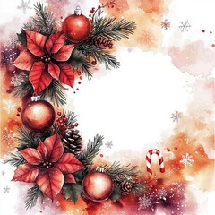 Wall Mural - Watercolor Christmas Ornament Border with Poinsettia and Pine Branches