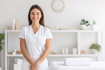 A woman massagist  is standing in front of her massage table, smiling with crossed arms and wearing white, spa, massage, clinic and cosmetology service, beauty poster, banner, copy space