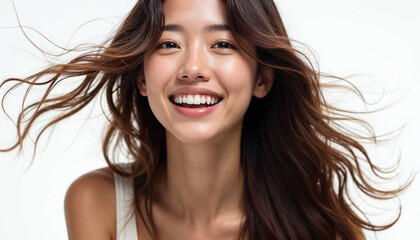 Wall Mural - Close-up of a joyful Korean woman with flowing, shiny hair in motion, against a clean white background.







