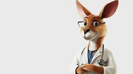 Kangaroo cartoon dressed as a doctor, white background, healthcare theme, caring and professional