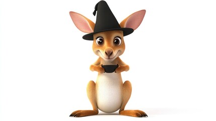 Kangaroo cartoon in a magician's hat, white background, magic theme, fun and enchanting