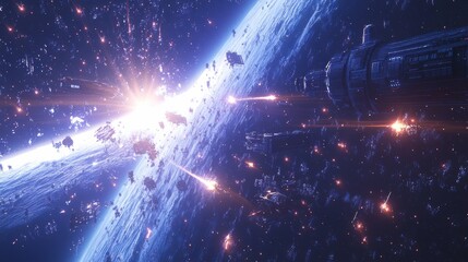 Poster - Spaceship Battle Over Planet With Explosions And Stars