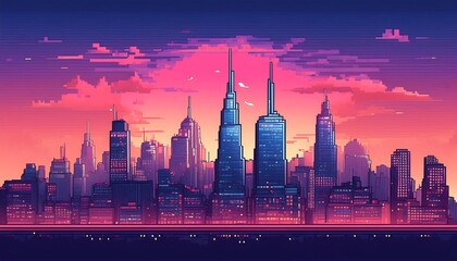 Wall Mural - Retro Skyline at Dusk - 16-bit pixel art cityscape of a 1970s skyline at dusk. Game design poster. Graphic art 8 bit illustration banner. Neon colors
